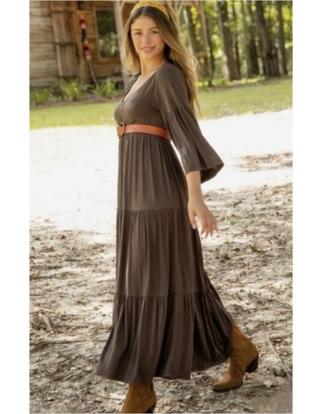 Natural Life Charlotte Tiered Bell Sleeve Maxi Dress XL Espresso Boho Peasant